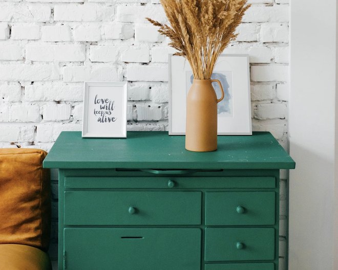 Green cabinet with drawers